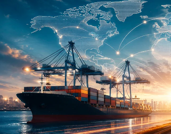 International cargo vessel and connected global trade network